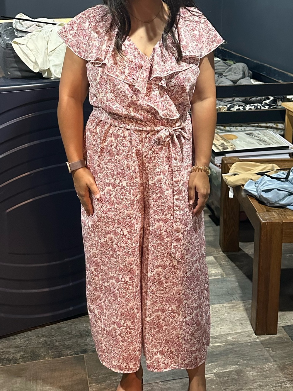 Women’s Red & White Floral Jumpsuit with Waist Tie